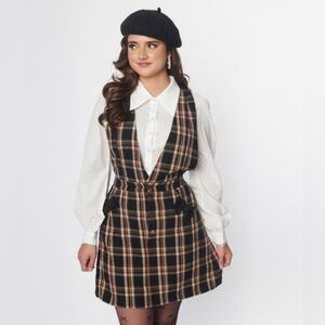 Smak‎ Parlour Unique Vintage Black Ivory Plaid Pinafore Skirt 1X 16